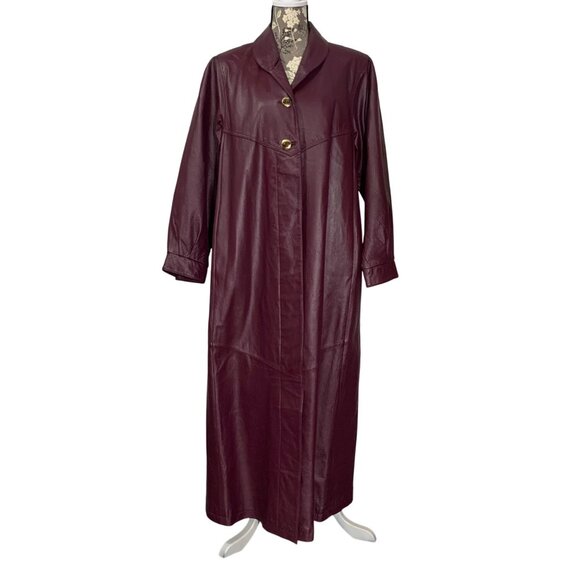 Vintage ROAMANS 80s Purple/Burgundy Leather Trench Coat Womens Size 14W - Picture 1 of 10